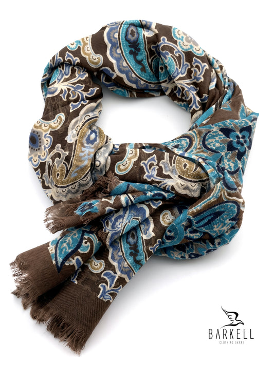 Scarf in High Quality Pure Wool with Colonial Paisley Pattern on Brown Background