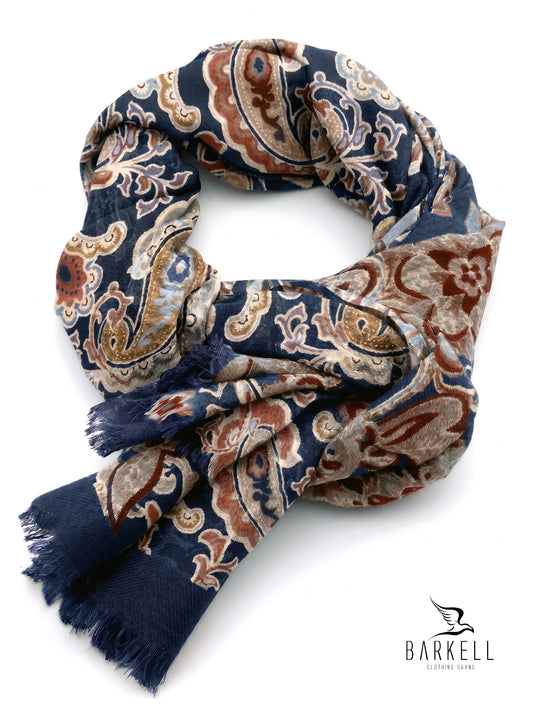 Scarf in High Quality Pure Wool with Colonial Paisley Pattern on Brown Background