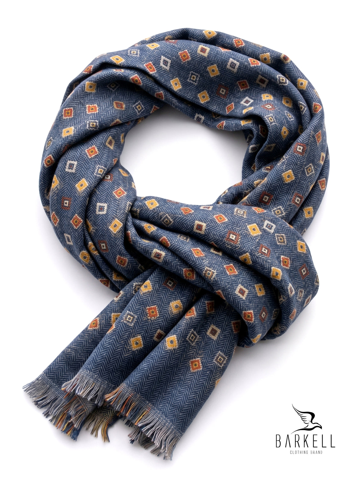 Scarf in High Quality Pure Wool with Multicolored Diamond Pattern on Blue Jeans Background
