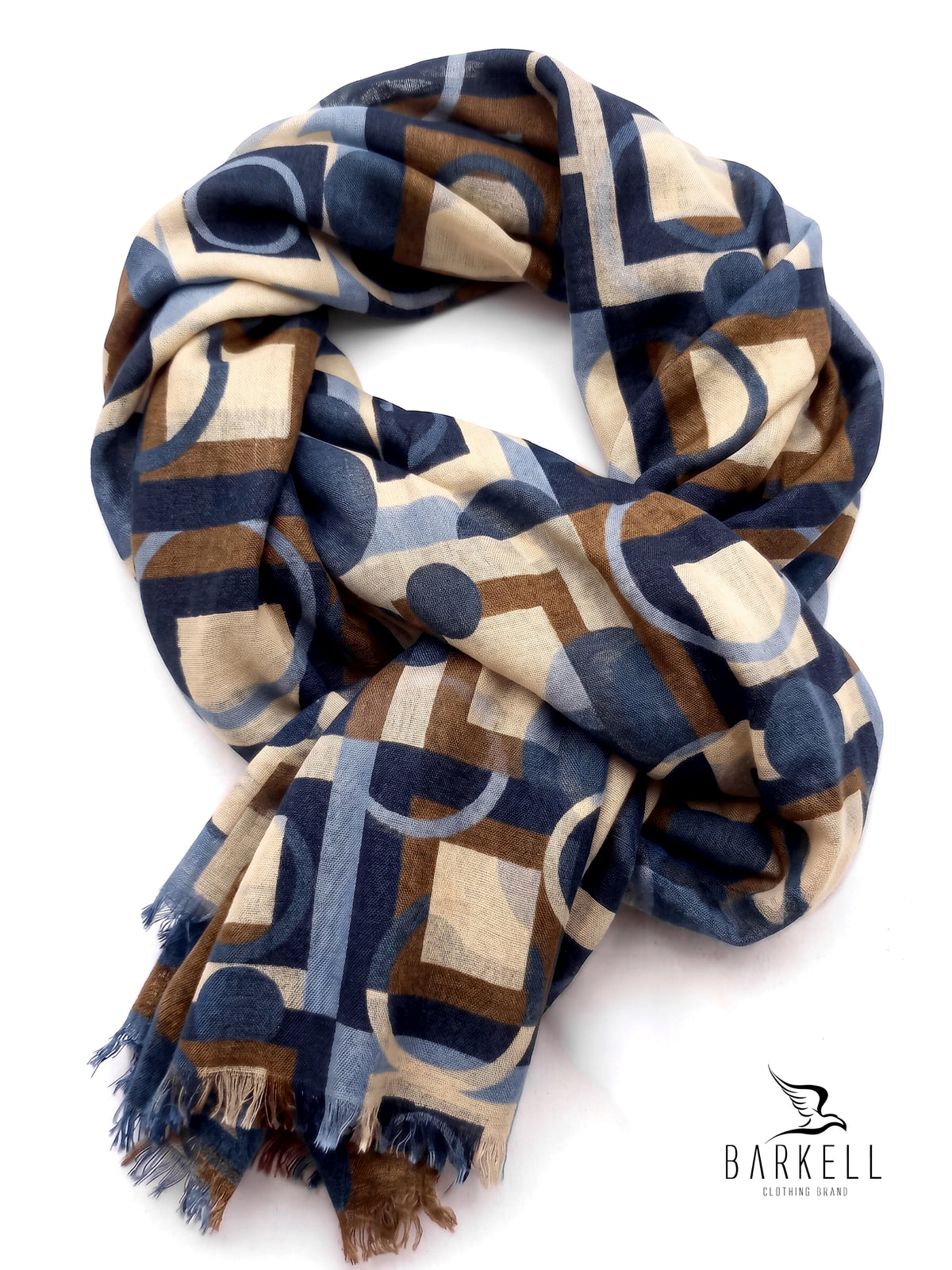 Scarf in High Quality Pure Wool with Multicolored Geometric Pattern on Blue Background