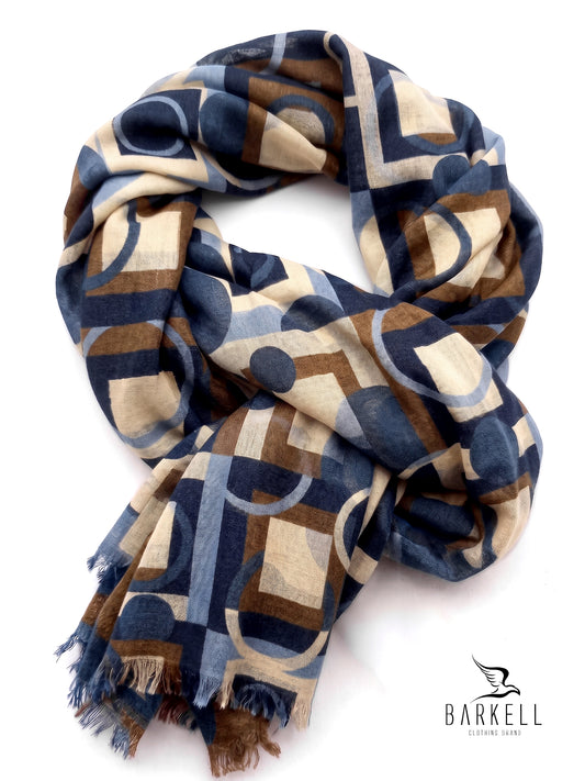 Echarpe en Pure Laine de Haute Qualité à Motif Géométrique Multicolore sur Fond Bleu
