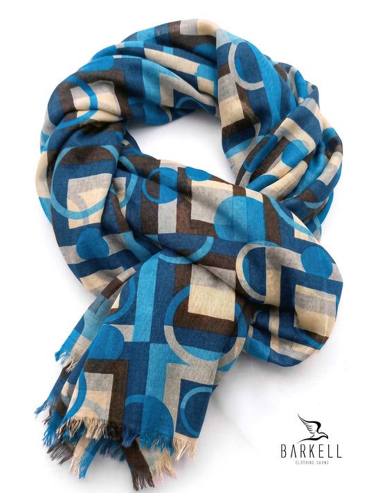 Echarpe en Pure Laine de Haute Qualité à Motif Géométrique Multicolore sur Fond Turquoise