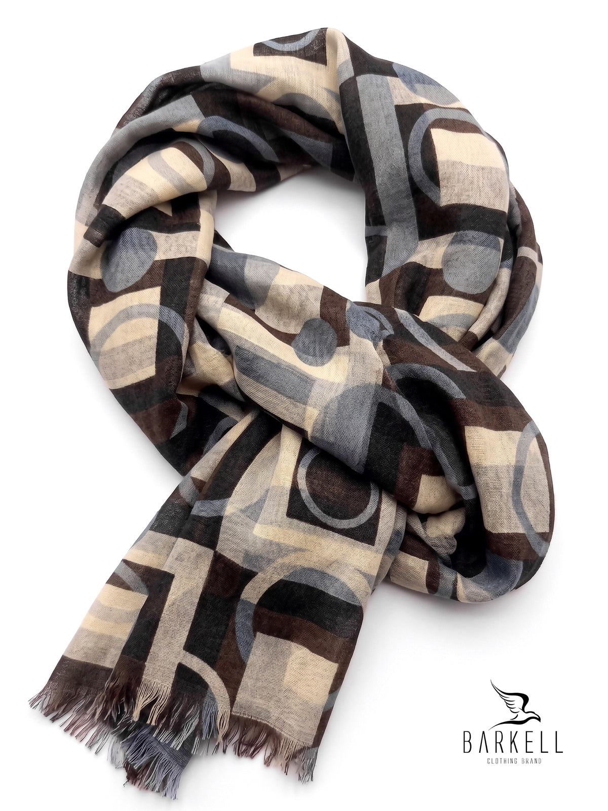 Scarf in High Quality Pure Wool with Multicolored Geometric Pattern on Gray Background