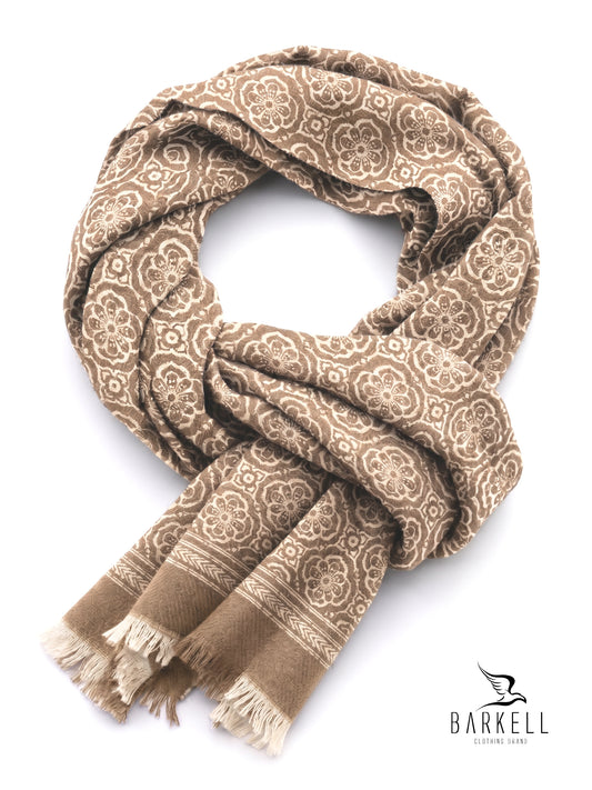 Écharpe en pure laine de haute qualité avec motif de fleurs crème et fond camel