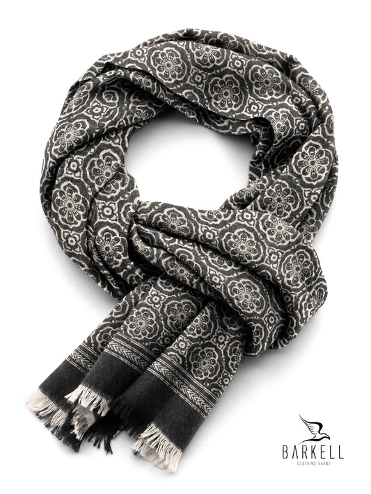 Écharpe en pure laine de haute qualité avec motif de fleurs crème et fond anthracite