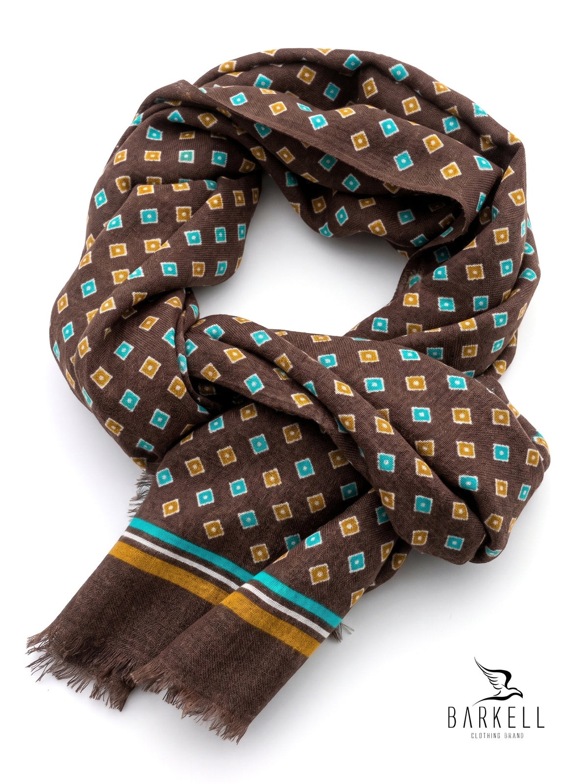 Scarf in High Quality Pure Wool with Multicolored Geometric Pattern on Brown Background