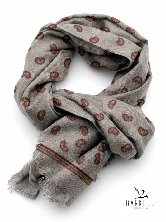 Sciarpa in Pura Lana di Alta Qualità Fantasia Cashmere Bordò Fondo Grigio