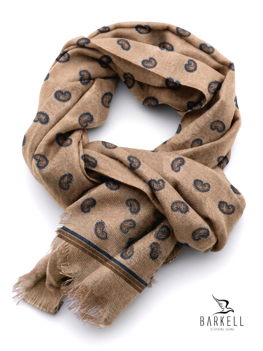 Sciarpa in Pura Lana di Alta Qualità Fantasia Cashmere Blu Fondo Cammello