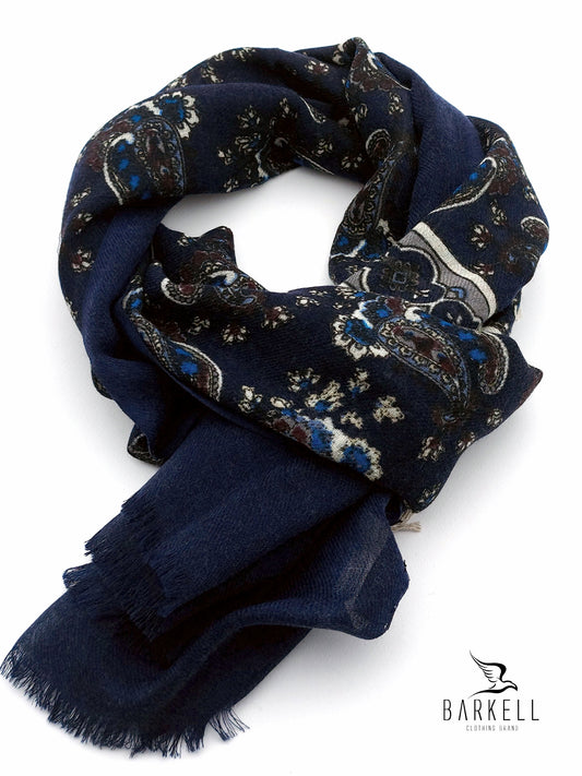 Sciarpa in Pura Lana di Alta Qualità Fantasia Cashmere Fondo Blu