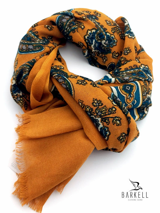 Sciarpa in Pura Lana di Alta Qualità Fantasia Cashmere Fondo Ocra