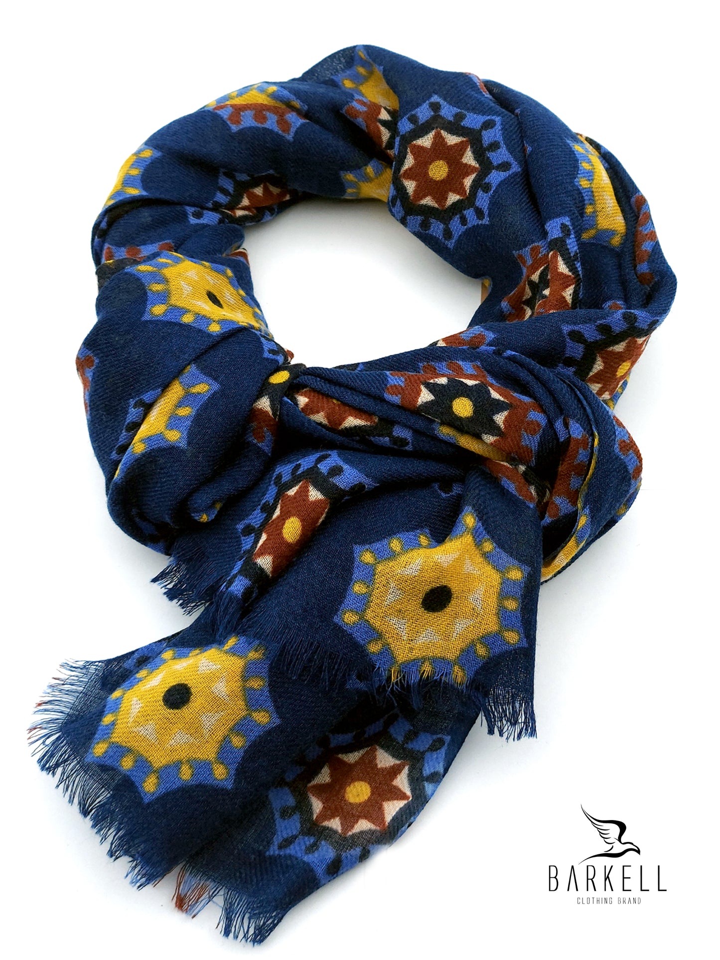 Sciarpa in Pura Lana di Alta Qualità Fantasia Geometrica Blu e Giallo