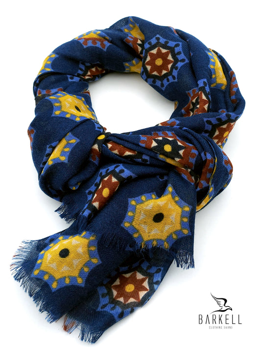 Sciarpa in Pura Lana di Alta Qualità Fantasia Geometrica Blu e Giallo