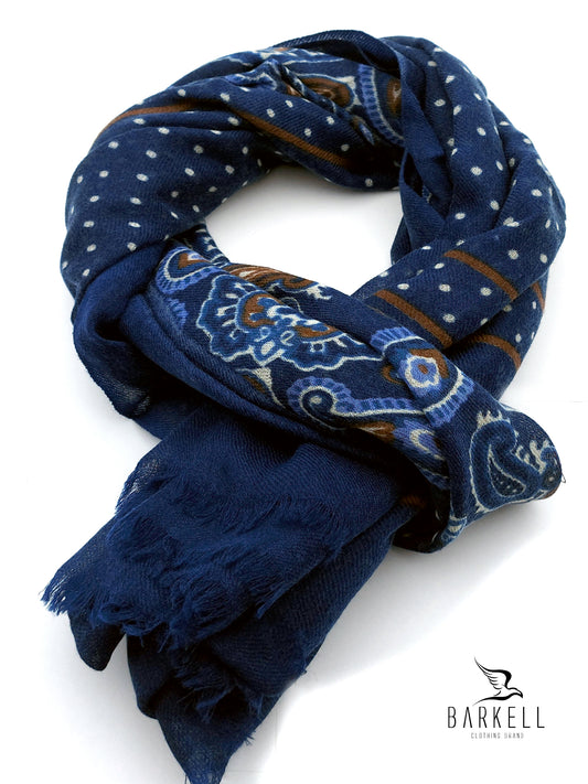 Sciarpa in Pura Lana di Alta Qualità Fantasia Paisley e Pois Blu e Indaco