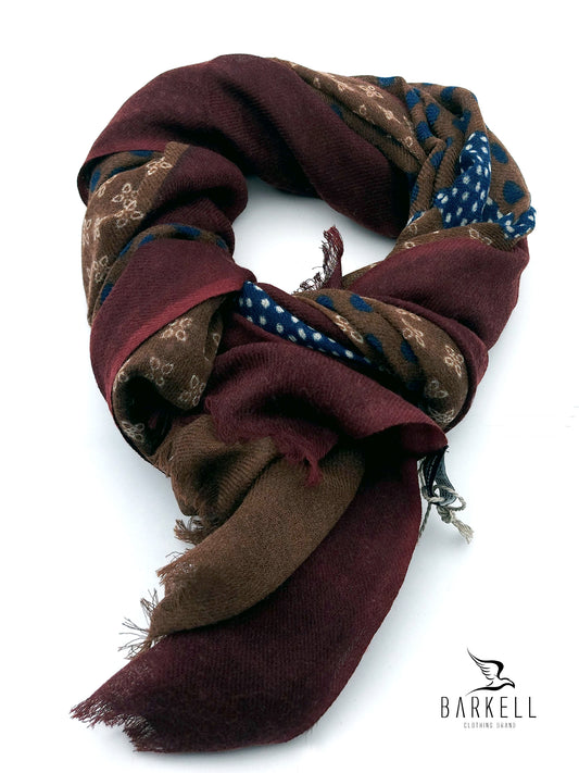 Sciarpa in Pura Lana di Alta Qualità Fantasia Paisley e Pois Marrone e Bordò