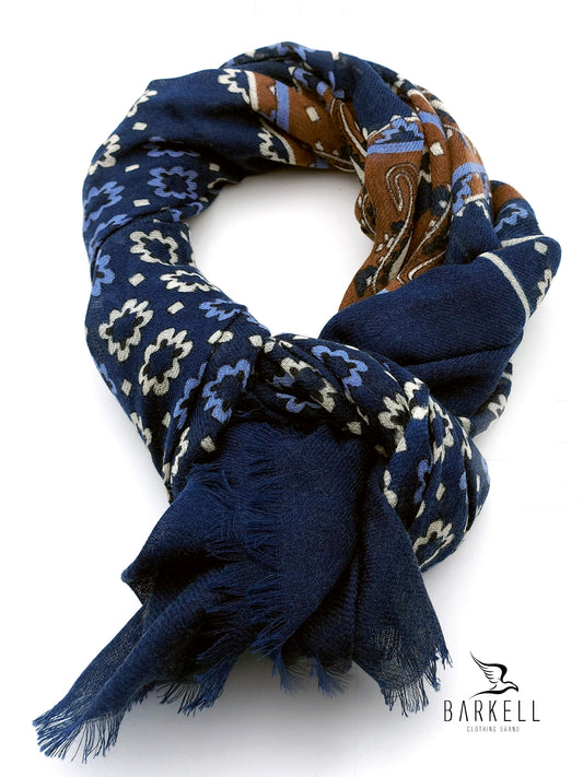Sciarpa in Pura Lana di Alta Qualità Fantasia Paisley Blu e Tabacco