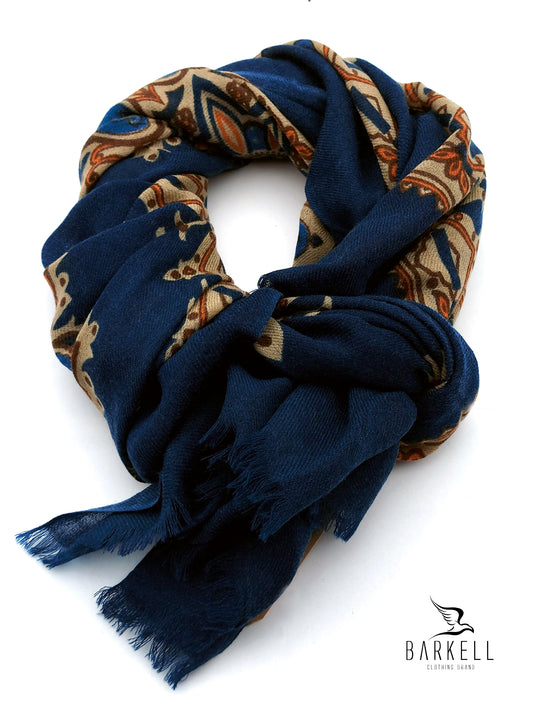 Sciarpa in Pura Lana di Alta Qualità Fantasia Paisley Ottanio e Beige