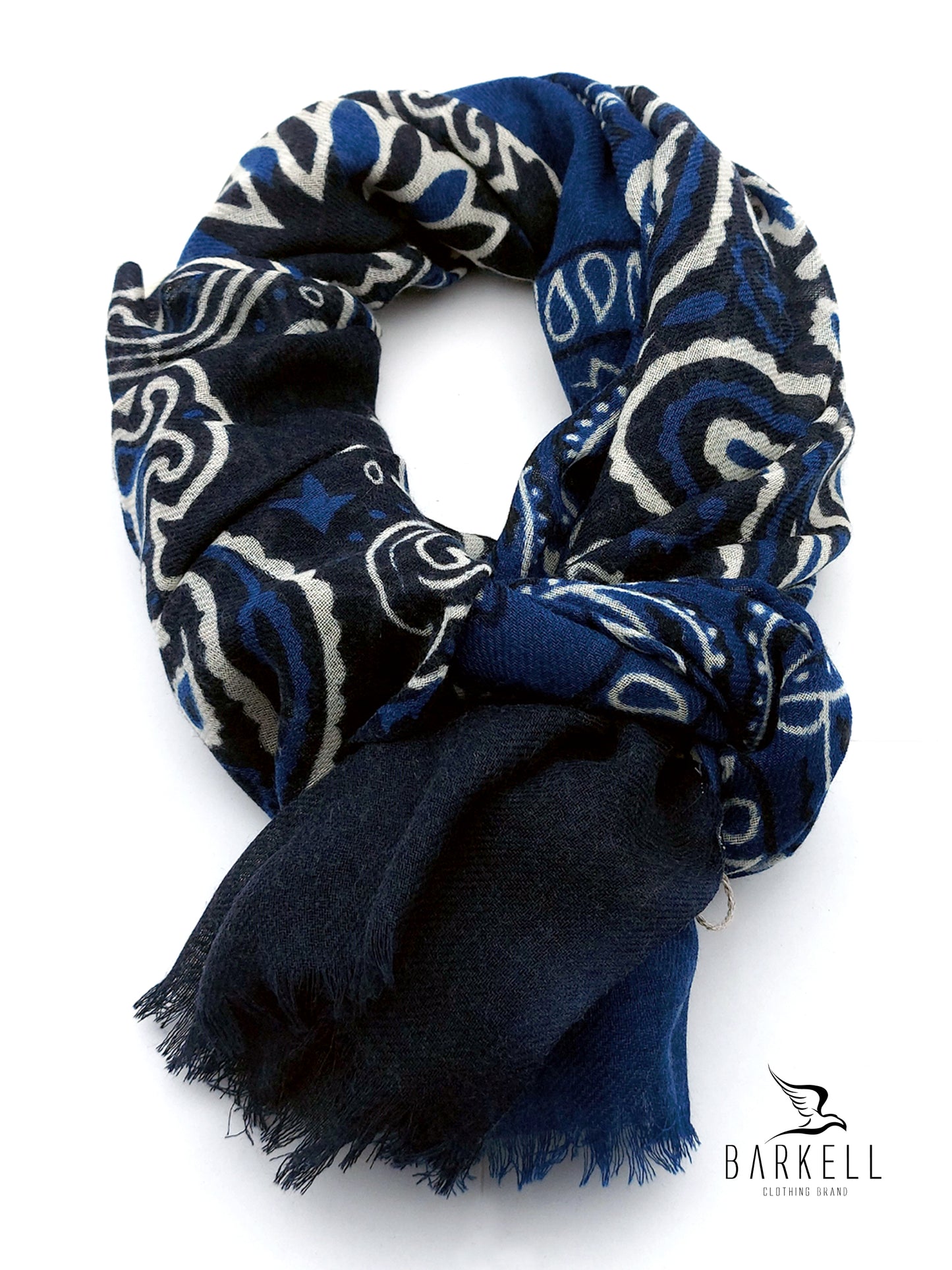Sciarpa in Pura Lana di Alta Qualità Fantasia Paisley Blu e Gesso