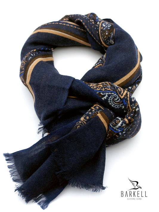 Sciarpa in Pura Lana di Alta Qualità Fantasia Cashmere Blu e Beige