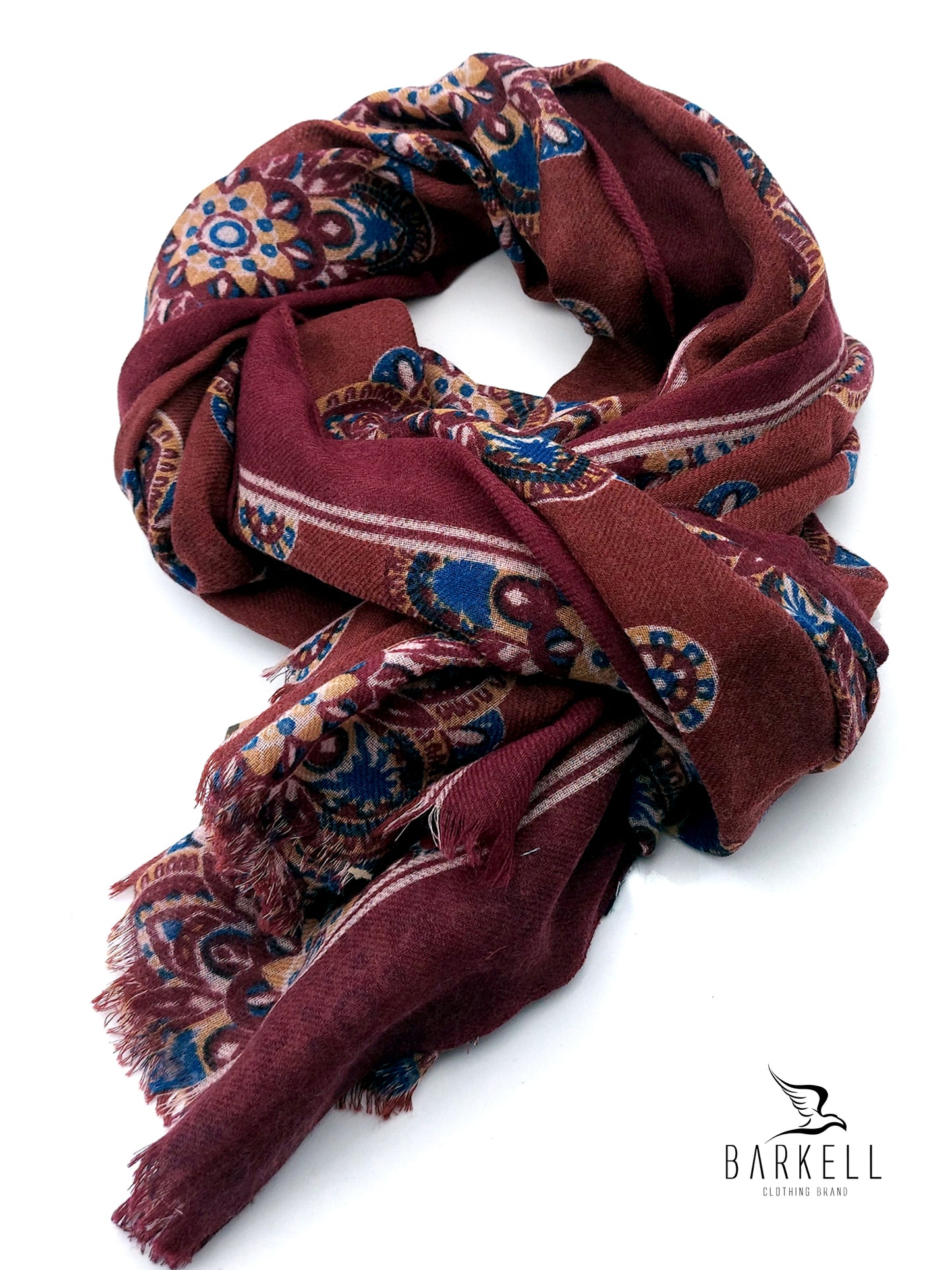 Sciarpa in Pura Lana di Alta Qualità Fantasia Paisley Bordò e Blu
