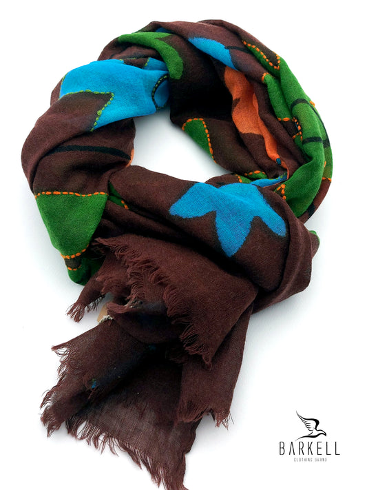 Sciarpa in Pura Lana di Alta Qualità Fantasia Floreale Ricamata Fondo Marrone