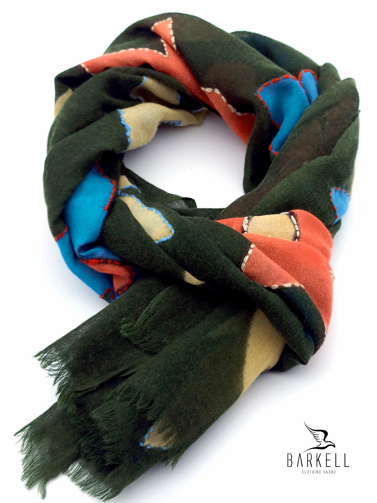 Sciarpa in Pura Lana di Alta Qualità Fantasia Floreale Ricamata Fondo Verde