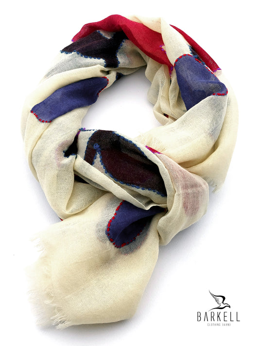 Sciarpa in Pura Lana di Alta Qualità Fantasia Floreale Ricamata Fondo Panna