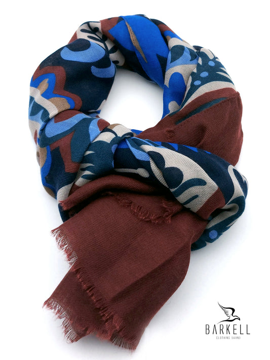 Sciarpa in Poliviscosa di Alta Qualità Fantasia Paisley Blu e Bordò
