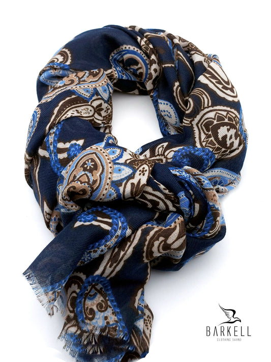 Sciarpa in Poliviscosa di Alta Qualità Fantasia Paisley Blu e Marrone