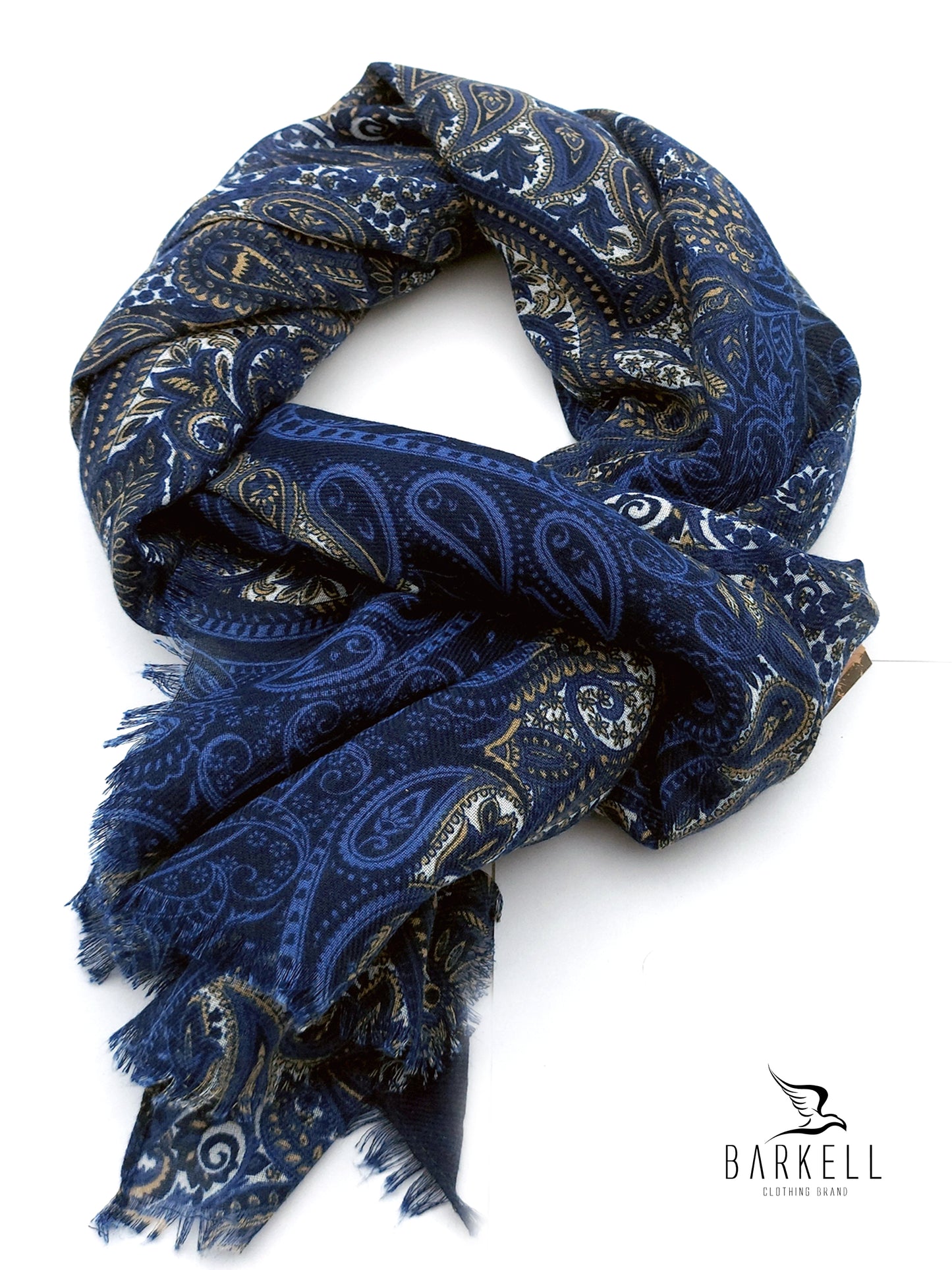 Sciarpa in Poliviscosa di Alta Qualità Fantasia Paisley Blu e Indaco