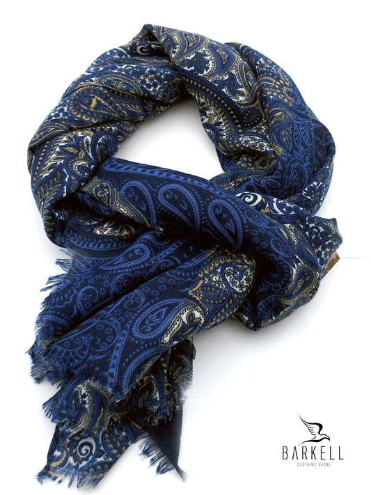 Sciarpa in Poliviscosa di Alta Qualità Fantasia Paisley Blu e Indaco