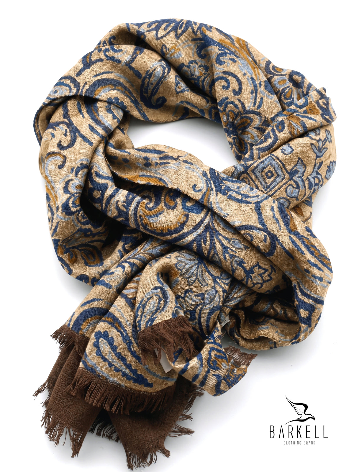 Scarf in High Quality Pure Wool with Colonial Paisley Pattern on Brown Background
