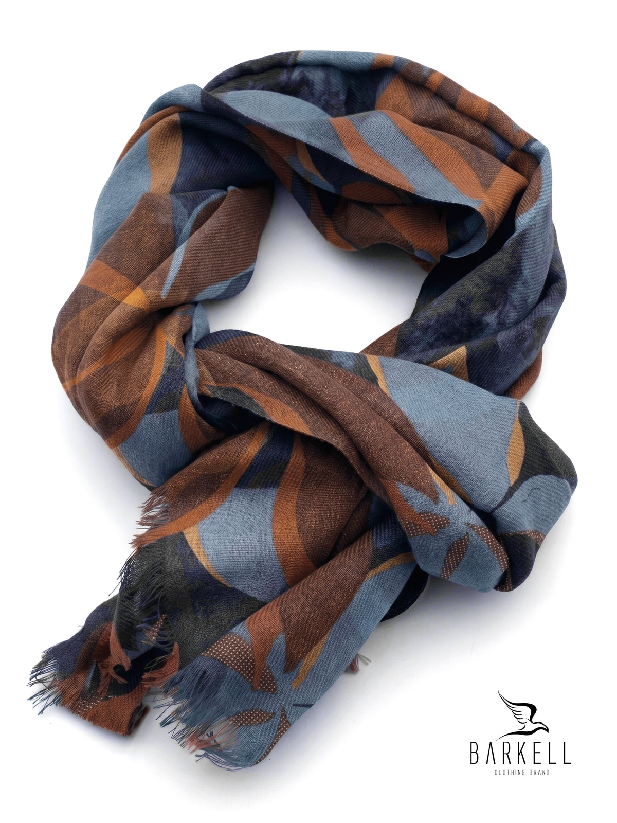 Scarf in High Quality Pure Wool with Multicolored Geometric Pattern on Blue Background