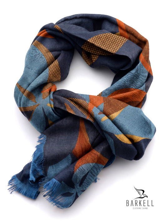 Echarpe en Pure Laine de Haute Qualité à Motif Géométrique Multicolore sur Fond Bleu