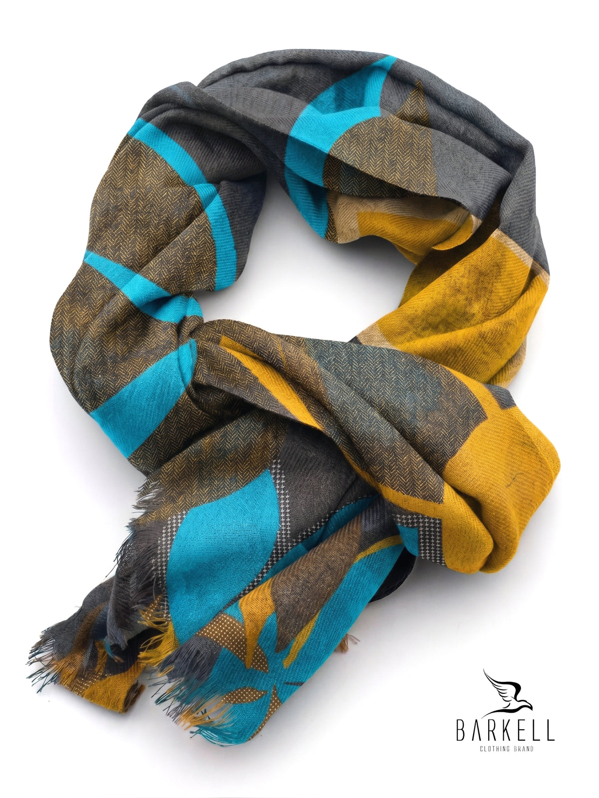 Scarf in High Quality Pure Wool with Multicolored Geometric Pattern on Ocher Background