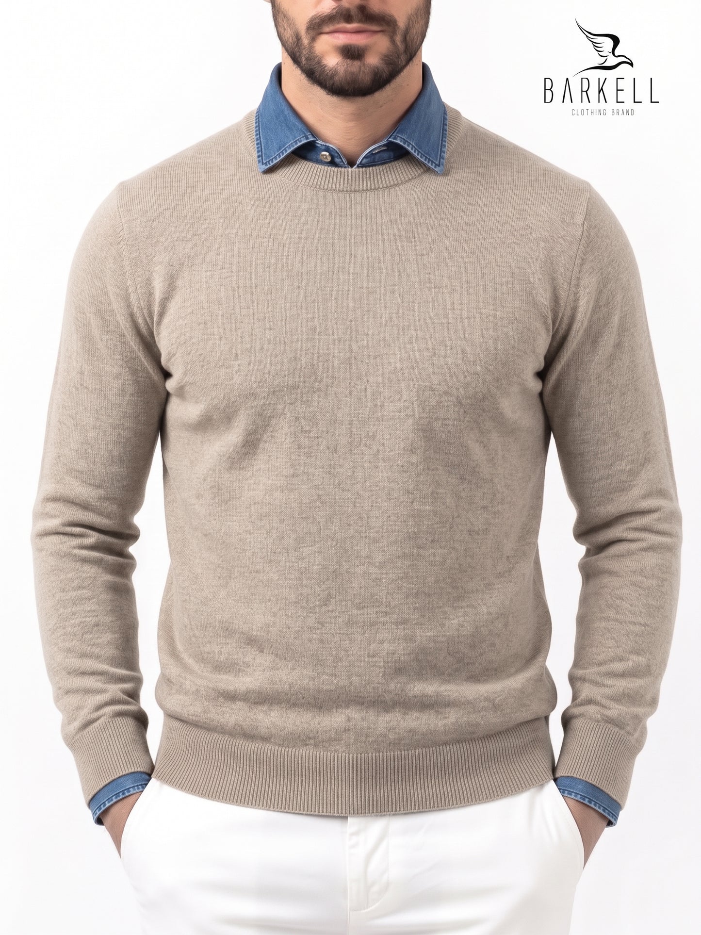 Jersey de cuello redondo en color beige de mezcla de lana con 10% cashmere