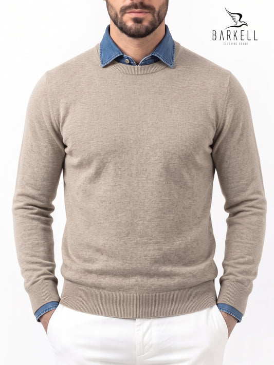 Pull col rond couleur sable en laine mélangée avec 10% cachemire