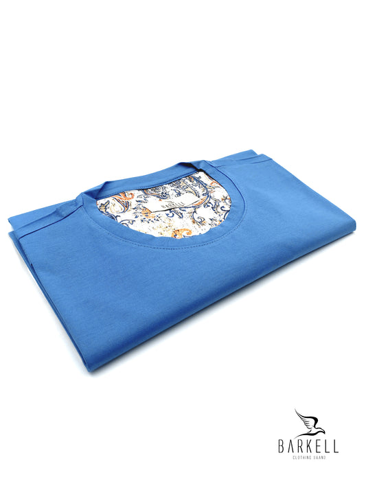 T-Shirt Girocollo con Taschino in Misto Filo di Scozia Color Azzurro