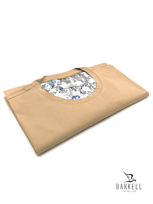 T-Shirt Girocollo con Taschino in Misto Filo di Scozia Color Beige