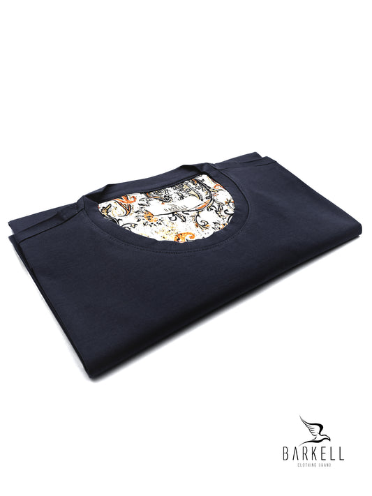 T-Shirt Girocollo con Taschino in Misto Filo di Scozia Color Blu