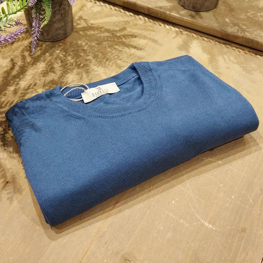 Maglia Girocollo in Puro Cotone Rasato Color Oceano