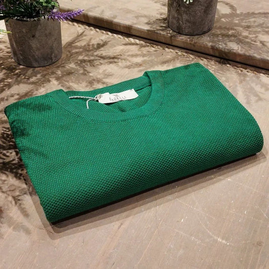 Maglia Girocollo in Puro Cotone Piquet Color Verde Prato