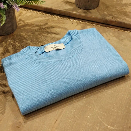 Maglia Girocollo in Puro Cotone Rasato Color Cielo