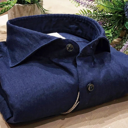Camicia in Puro Lino Blu Collo Francese Cutaway