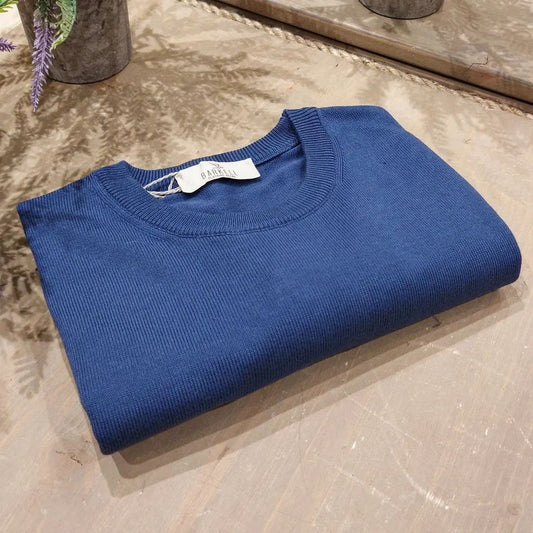 Maglia Girocollo in Puro Cotone Rasato Color Indaco
