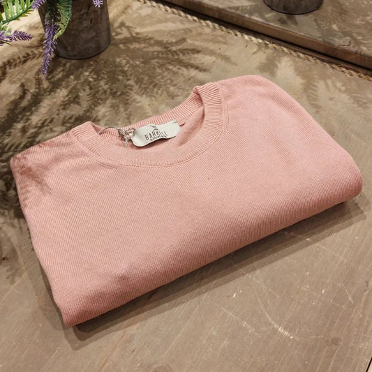 Maglia Girocollo in Puro Cotone Rasato Color Rosa Cipria